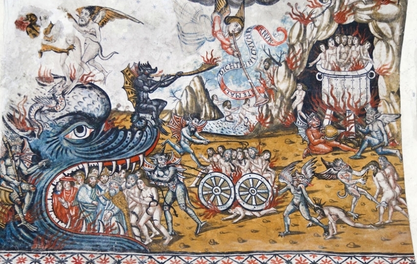 A Santa Maria d'Arties, les pintures murals gòtiques del presbiteri mostren aquest infern a la representació del Judici Final. A Santa Maria d'Arties, les pintures murals gòtiques del presbiteri mostren aquest infern a la representació del Judici Final.