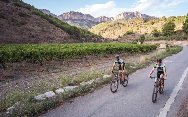 Dos ciclistes fent la ruta Pedals del Priorat Dos ciclistes fent la ruta Pedals del Priorat