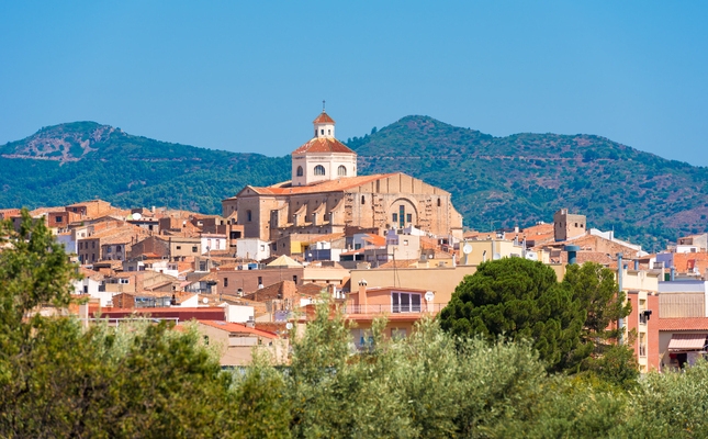 Cases de Mont-roig del Camp, amb l'església de Sant Miuquel al mig Cases de Mont-roig del Camp, amb l'església de Sant Miuquel al mig