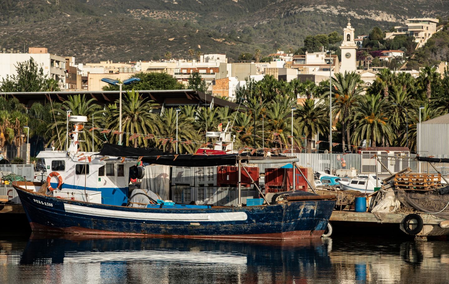 Port pesquer a Sant Carles de la Ràpita amb la serra del Montsià de fons Port pesquer a Sant Carles de la Ràpita amb la serra del Montsià de fons