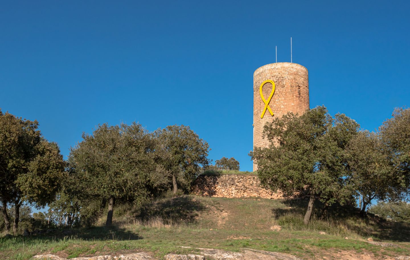 La torre medieval destaca entre els camps de conreu i bosquets que l’envolten La torre medieval destaca entre els camps de conreu i bosquets que l’envolten
