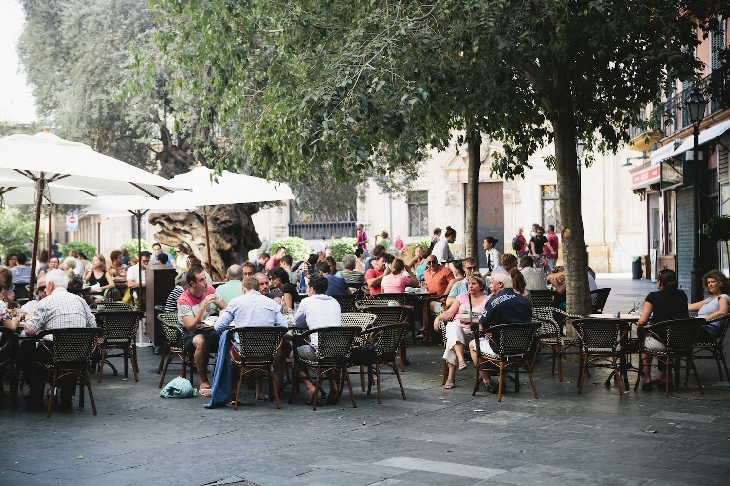 Les taules d'aquest restaurant ocupen bona part de l'espai de la caçada, a Palma de Mallorca Les taules d'aquest restaurant ocupen bona part de l'espai de la caçada, a Palma de Mallorca